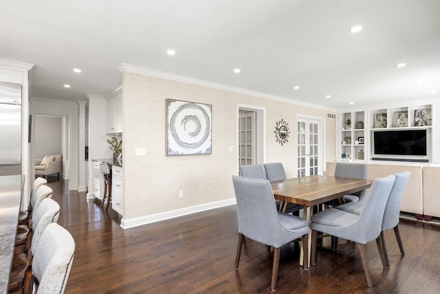 dining space with dark wood-style flooring, recessed lighting, crown molding, baseboards, and french doors