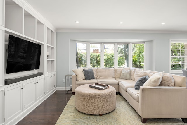living area with crown molding, dark wood-type flooring, recessed lighting, and baseboards