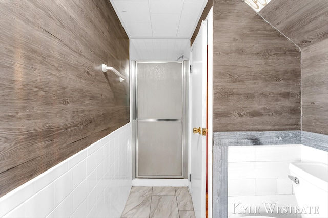 405 S 1st St, Edmore, MI 48829 - bathroom featuring a shower stall, wooden walls, toilet, and marble finish floors