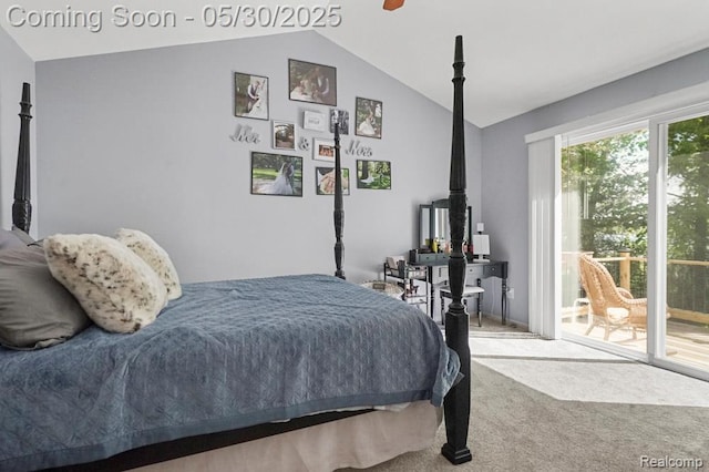 9450 Sandlewood Ct, Whitmore Lake, MI 48189 - carpeted bedroom with access to exterior, lofted ceiling, and a ceiling fan