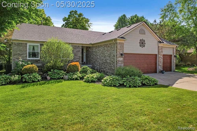 9450 Sandlewood Ct, Whitmore Lake, MI 48189 - ranch-style home with an attached garage, a front lawn, driveway, brick siding, and a shingled roof