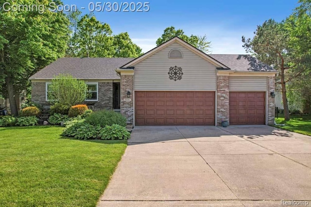 9450 Sandlewood Ct, Whitmore Lake, MI 48189 - ranch-style home featuring a garage, concrete driveway, brick siding, and a front yard