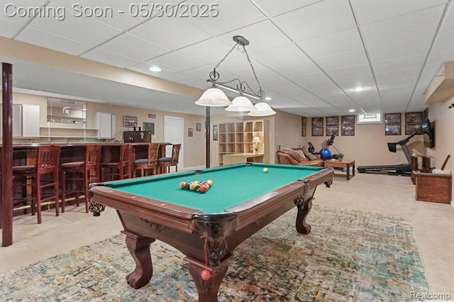 9450 Sandlewood Ct, Whitmore Lake, MI 48189 - recreation room featuring carpet, a dry bar, billiards table, a drop ceiling, and recessed lighting