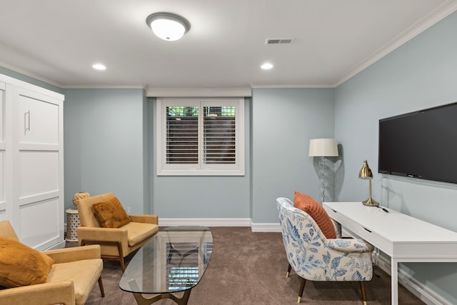 home office with crown molding, dark colored carpet, baseboards, and recessed lighting