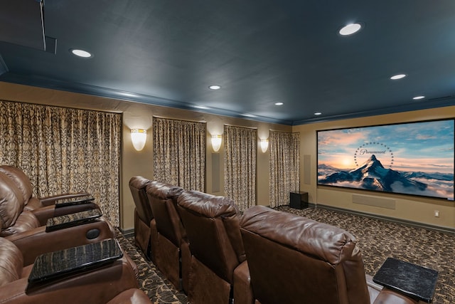 cinema with crown molding and recessed lighting