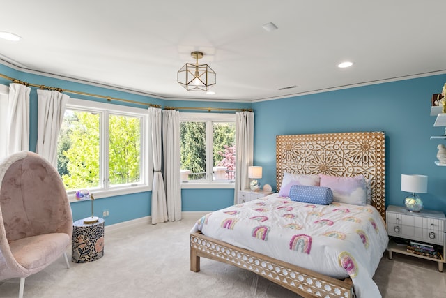 carpeted bedroom featuring multiple windows, baseboards, crown molding, and recessed lighting
