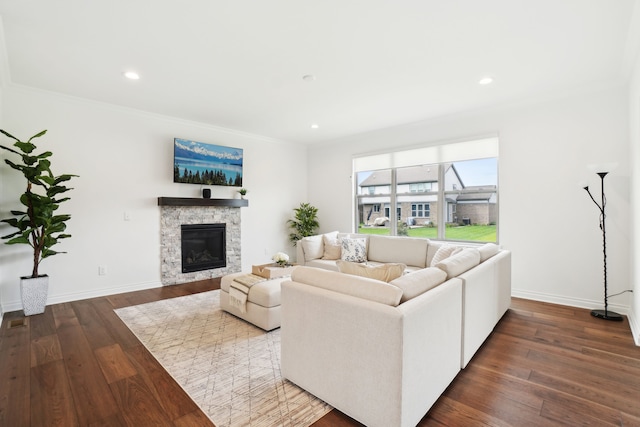49793 Split Rock Rd, Macomb, MI 48044 - living room with wood finished floors, a stone fireplace, baseboards, recessed lighting, and ornamental molding
