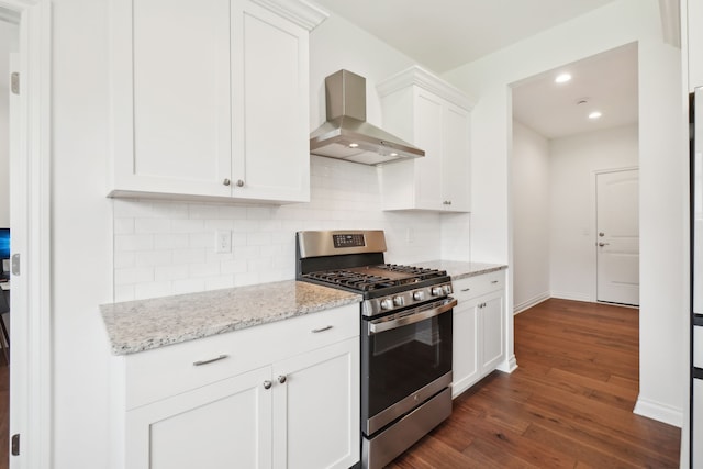 49793 Split Rock Rd, Macomb, MI 48044 - kitchen with stainless steel range with gas cooktop, wall chimney range hood, dark wood-style floors, tasteful backsplash, and baseboards