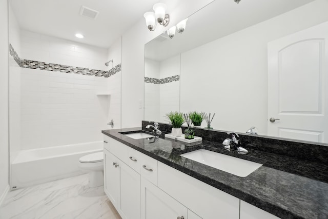 49793 Split Rock Rd, Macomb, MI 48044 - full bathroom featuring toilet, marble look tiles, recessed lighting, double vanity, and shower / tub combination