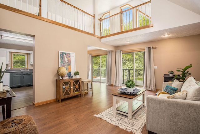 living area with a towering ceiling, wood finished floors, and baseboards