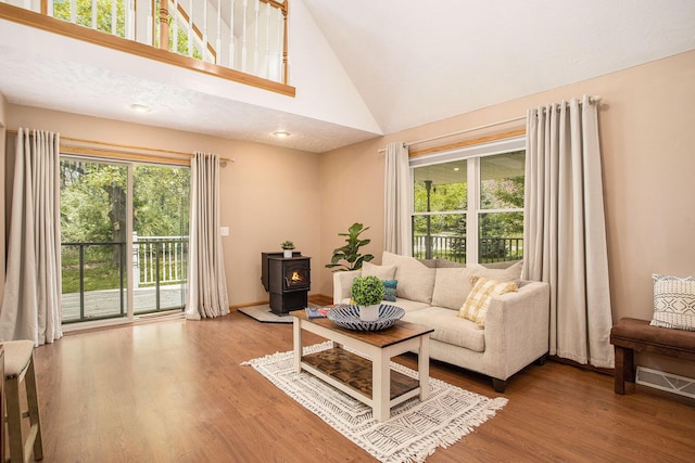 living area with a wood stove, wood finished floors, and lofted ceiling