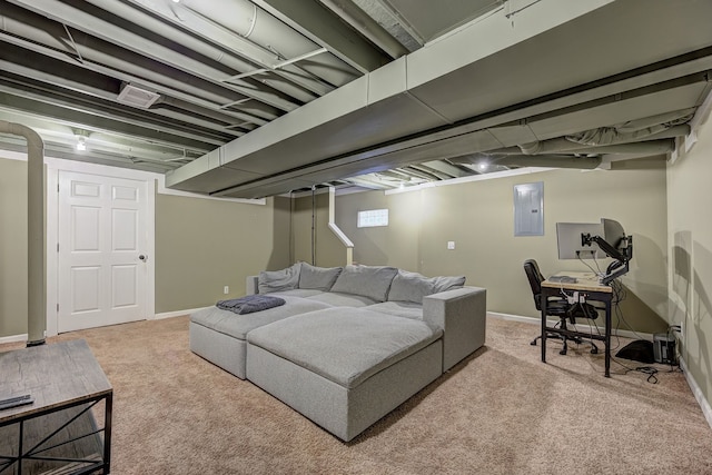 carpeted living room featuring electric panel and baseboards