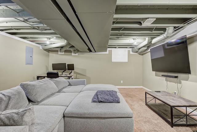 living room featuring light colored carpet, electric panel, and baseboards