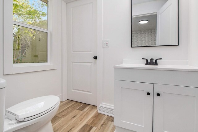 bathroom featuring toilet, wood finished floors, and vanity