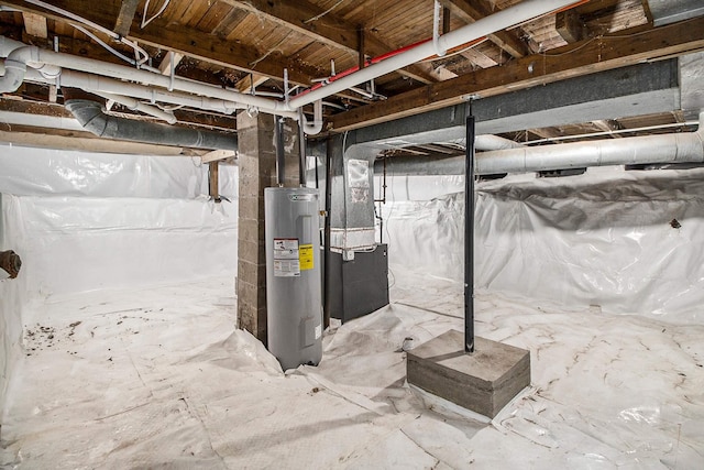 unfinished below grade area featuring electric water heater and heating unit