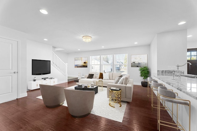 1132 Superior Blvd, Wyandotte, MI 48192 - living room featuring stairs, wood finished floors, recessed lighting, and baseboards