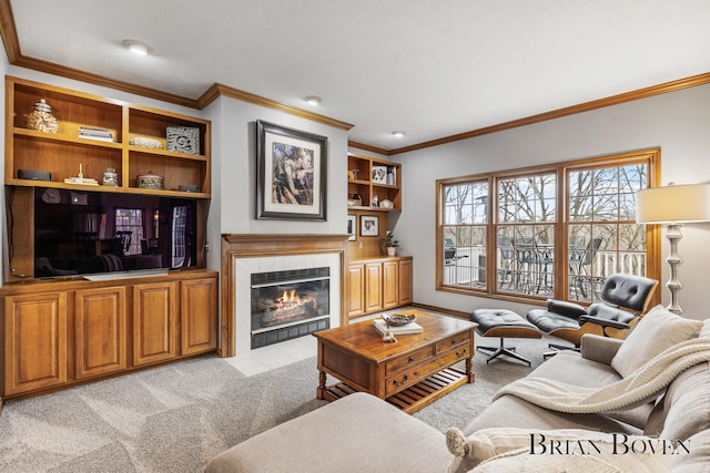 7620 Spring Point Ct NE, Rockford, MI 49341 - living area featuring crown molding, light colored carpet, and a fireplace