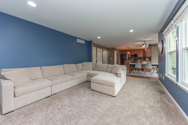 661 Morning Glory Ln, Milan, MI 48160 - living area featuring carpet floors, recessed lighting, ceiling fan, and baseboards