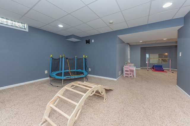 661 Morning Glory Ln, Milan, MI 48160 - rec room featuring carpet flooring, baseboards, a drop ceiling, and recessed lighting