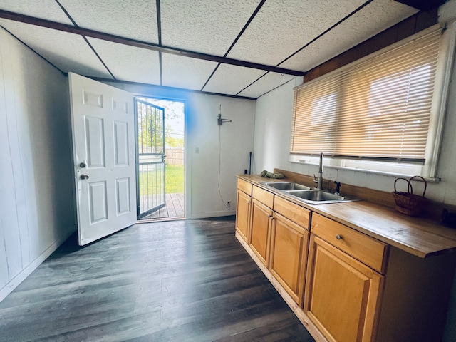 12791 Coleen Ave, Warren, MI 48089 - kitchen with a sink, dark wood finished floors, a drop ceiling, wood counters, and brown cabinets