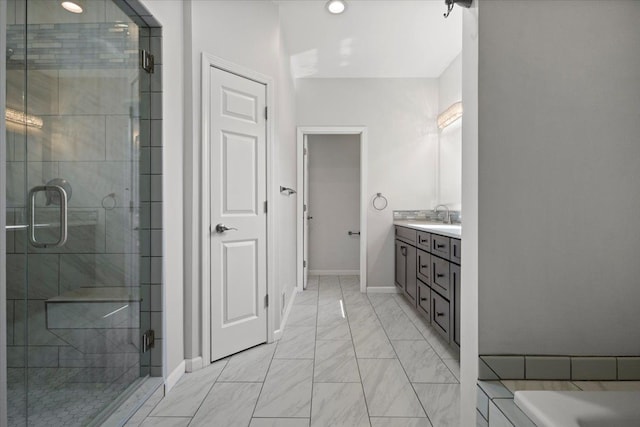 12150 Shaffer Rd, Davisburg, MI 48350 - bathroom featuring marble look tile flooring, a shower stall, vanity, and baseboards