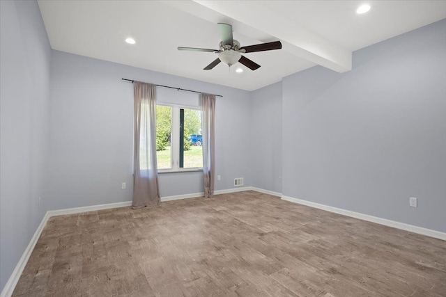 12150 Shaffer Rd, Davisburg, MI 48350 - unfurnished room featuring ceiling fan, wood finished floors, baseboards, recessed lighting, and beamed ceiling
