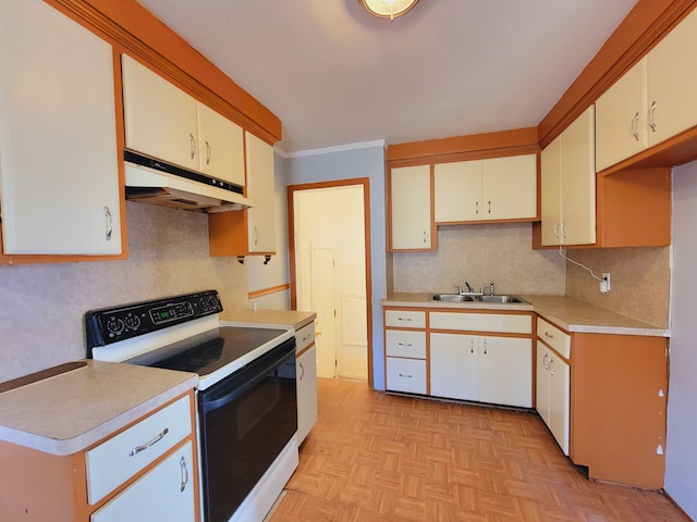 kitchen featuring white electric range, under cabinet range hood, a sink, light countertops, and decorative backsplash