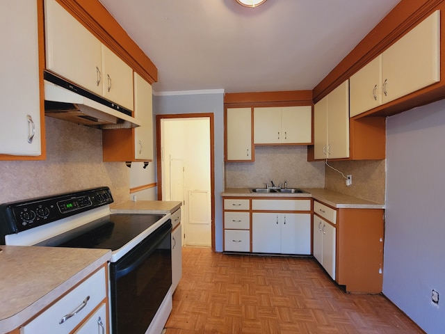 kitchen featuring electric range, under cabinet range hood, light countertops, tasteful backsplash, and a sink