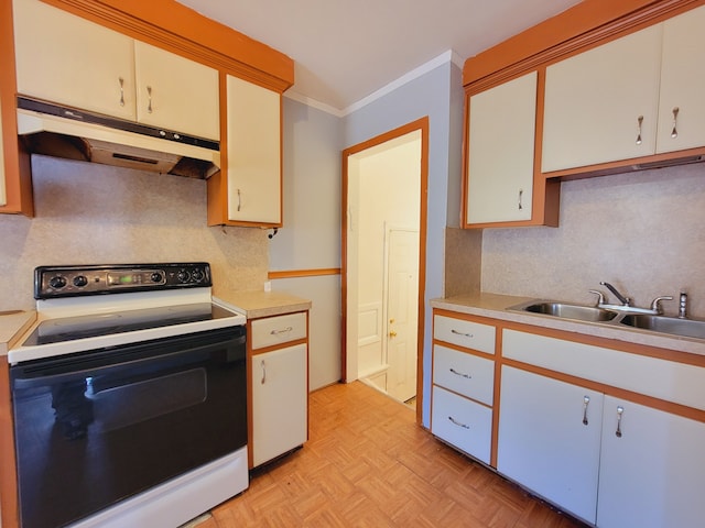 kitchen featuring electric stove, under cabinet range hood, a sink, decorative backsplash, and crown molding