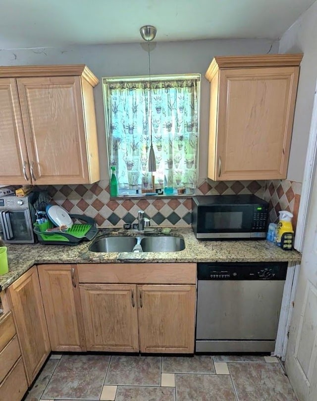 11301 Coyle St, Detroit, MI 48227 - kitchen with dishwasher, a sink, light brown cabinets, decorative backsplash, and light stone countertops