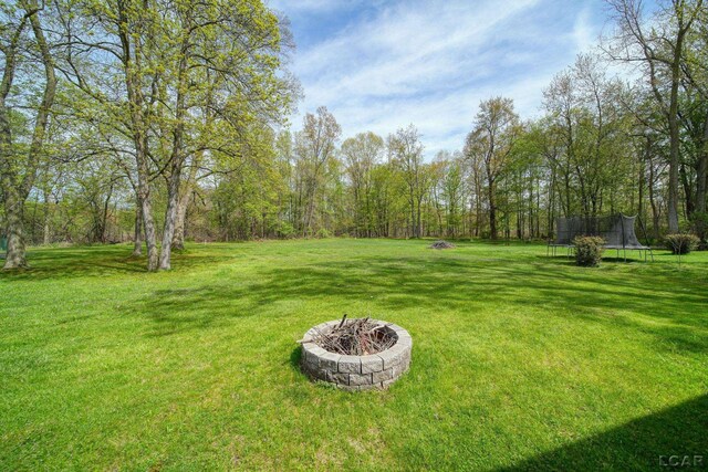 5541 Pleasant Valley Rd, Manitou Beach, MI 49253 - view of green lawn featuring a trampoline and an outdoor fire pit