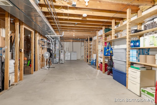 2657 Leffingwell Ave NE, Grand Rapids, MI 49525 - unfinished basement featuring gas water heater, heating unit, and washer and clothes dryer