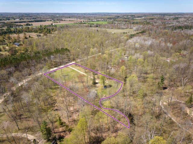 aerial view of property's location with property parcel outlined and a heavily wooded area