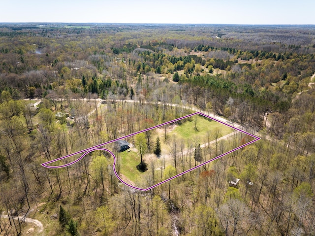 aerial overview of property's location with a forest and property boundaries highlighted