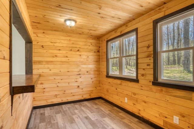 spare room with wooden ceiling, plenty of natural light, wood finished floors, and wooden walls