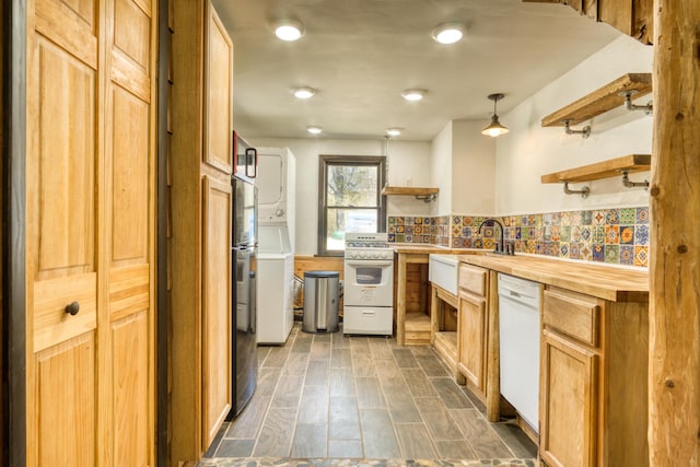 kitchen with open shelves, white appliances, butcher block counters, and a sink