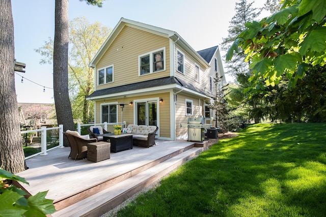back of house featuring outdoor lounge area, a yard, a deck, cooling unit, and roof with shingles