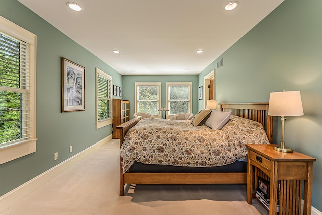 bedroom with recessed lighting, carpet, and baseboards