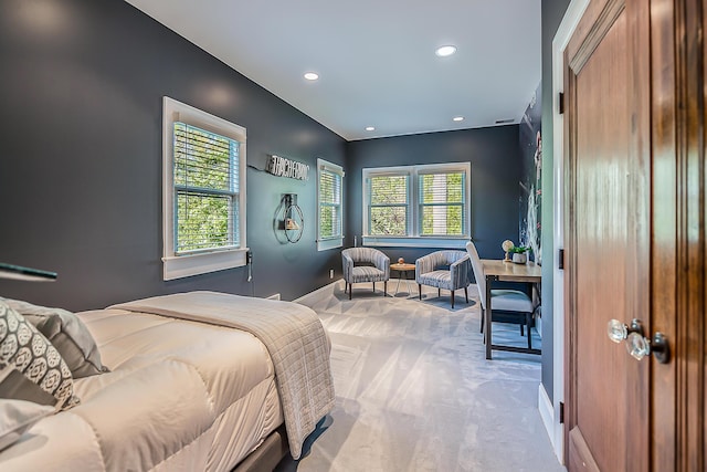 bedroom featuring carpet floors, baseboards, and recessed lighting