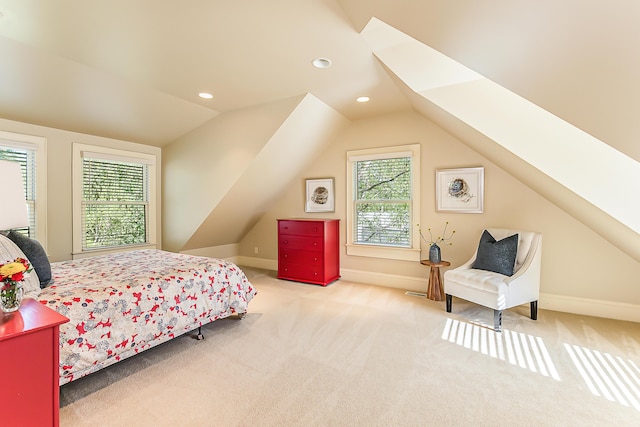 bedroom with lofted ceiling, carpet flooring, baseboards, and recessed lighting