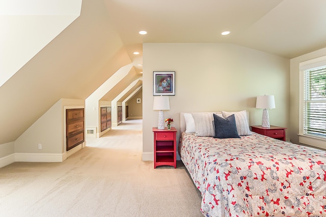 carpeted bedroom featuring vaulted ceiling, recessed lighting, and baseboards