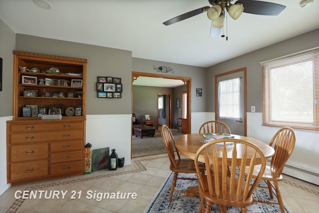 919 E Salzburg Rd, Bay City, MI 48706 - dining room with light tile patterned floors, wainscoting, and a ceiling fan