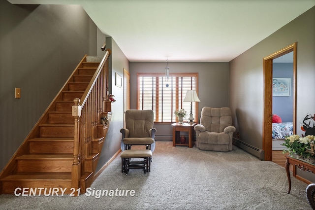 919 E Salzburg Rd, Bay City, MI 48706 - sitting room featuring stairs, a baseboard radiator, a baseboard heating unit, carpet flooring, and baseboards