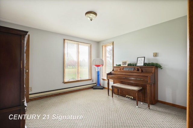 919 E Salzburg Rd, Bay City, MI 48706 - living area featuring a baseboard radiator, carpet floors, and baseboards