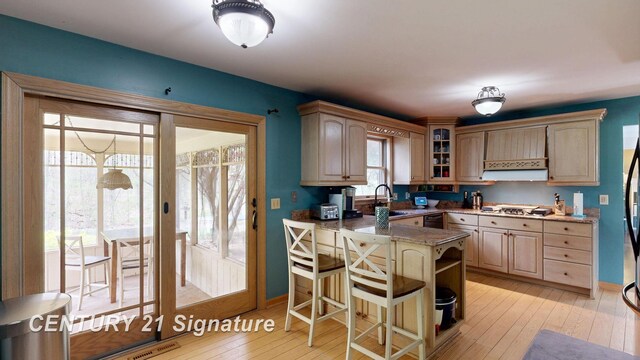 kitchen featuring a peninsula, a sink, light wood finished floors, baseboards, and a kitchen bar