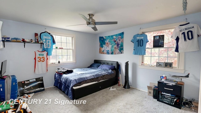 bedroom featuring carpet and ceiling fan