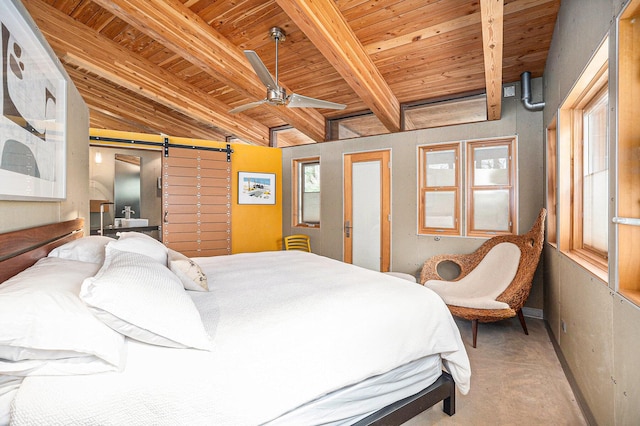 6723 Vandermeulen Rd, Holland, MI 49423 - carpeted bedroom featuring a barn door, wood ceiling, beamed ceiling, and baseboards
