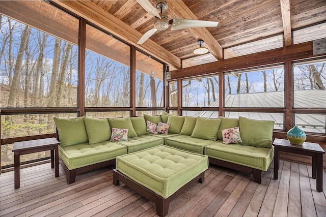 6723 Vandermeulen Rd, Holland, MI 49423 - sunroom with outdoor lounge area, a ceiling fan, beamed ceiling, and plenty of natural light