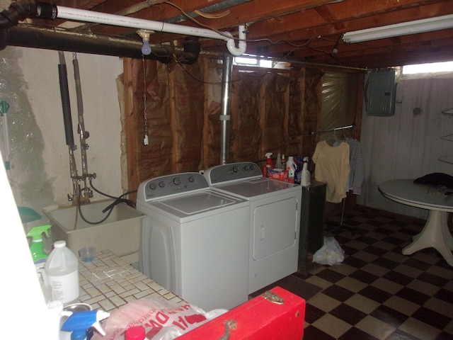 21613 Hoffman St, Saint Clair Shores, MI 48082 - laundry area featuring dark flooring, washing machine and dryer, and electric panel