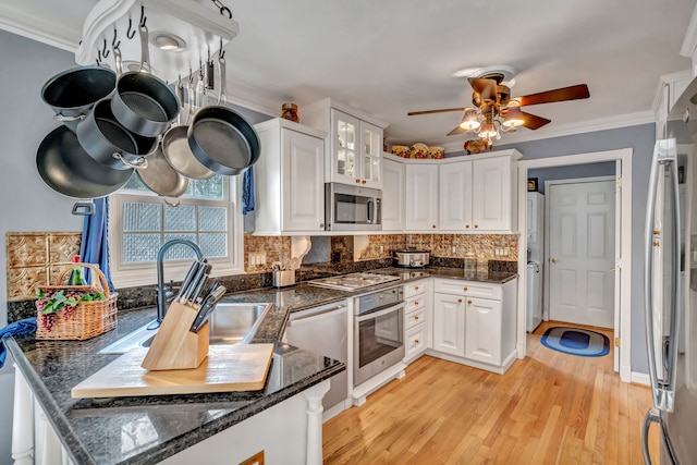 1612 Michael, Clawson, MI 48017 - kitchen featuring stainless steel appliances, a sink, ceiling fan, white cabinetry, and crown molding